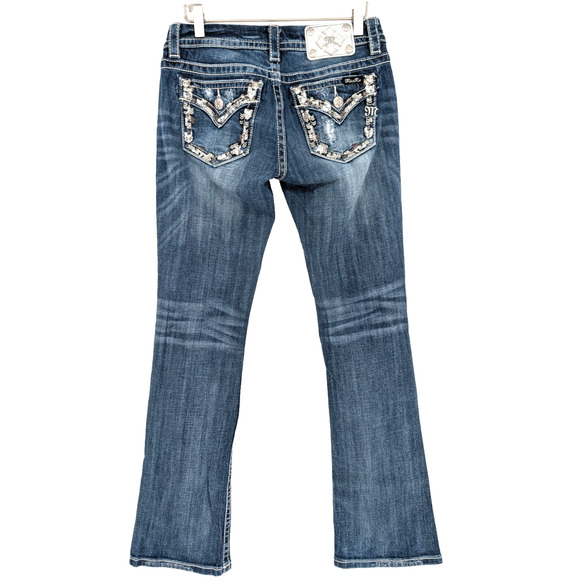 VTG Y2K Miss Me Sequin Vine Pocket Low Rise Boot Cut Distressed Bling Jeans 27 - Picture 3 of 15